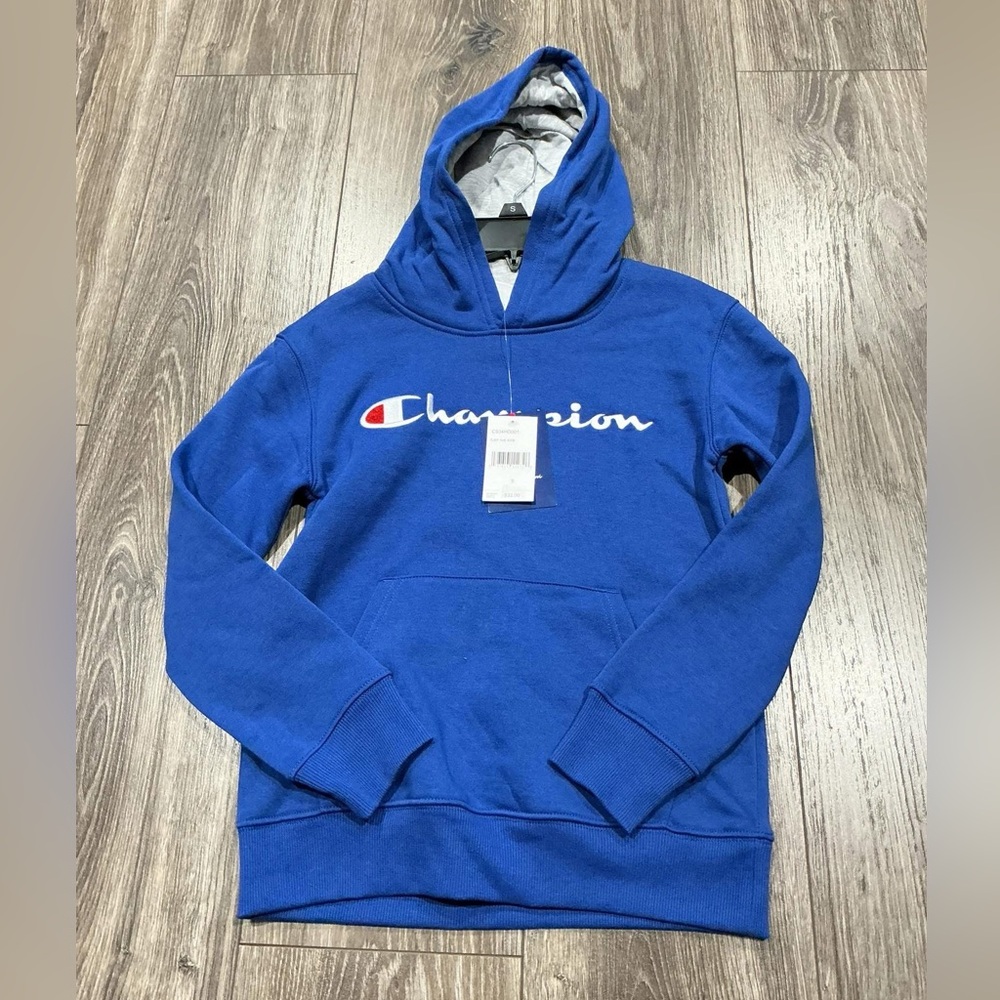 New Champion Royal Blue Script Logo Pullover Hoodie